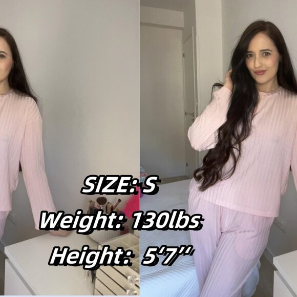 Ribbed Knit Lounge Set Long Sleeve Henley Top & Pants Sleepwear - Picture 5 of 8